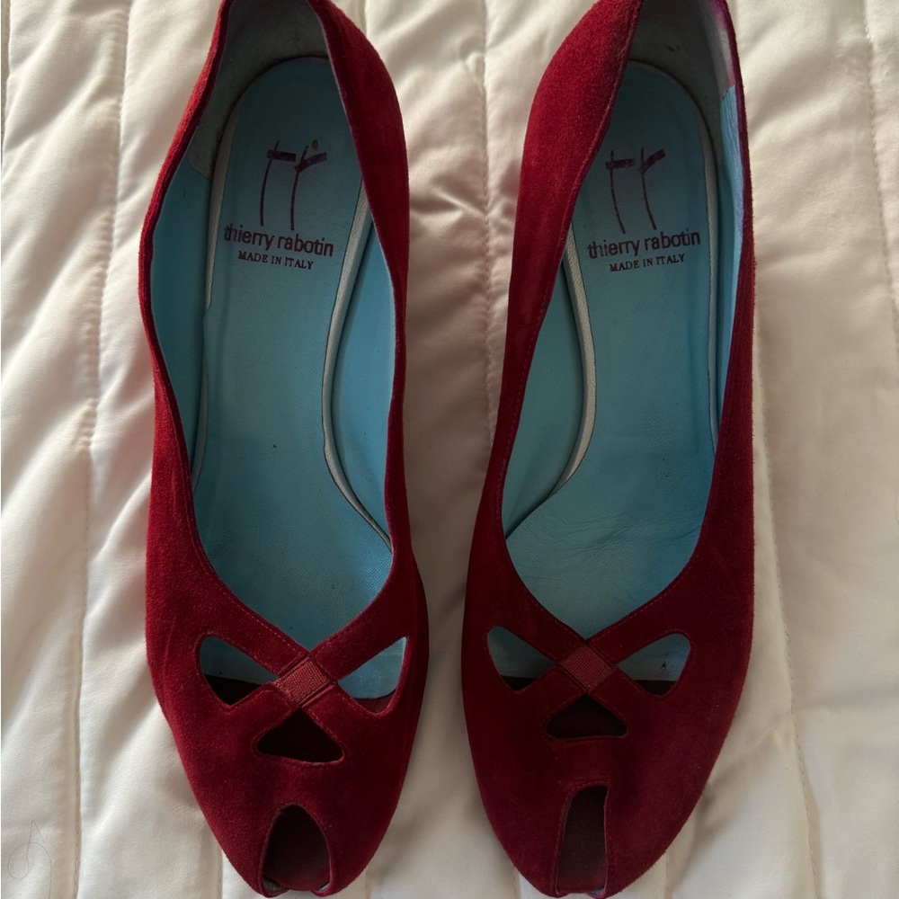 Thierry Rabotin Red Suede Leather Peep Toe Wedge Heels Pumps